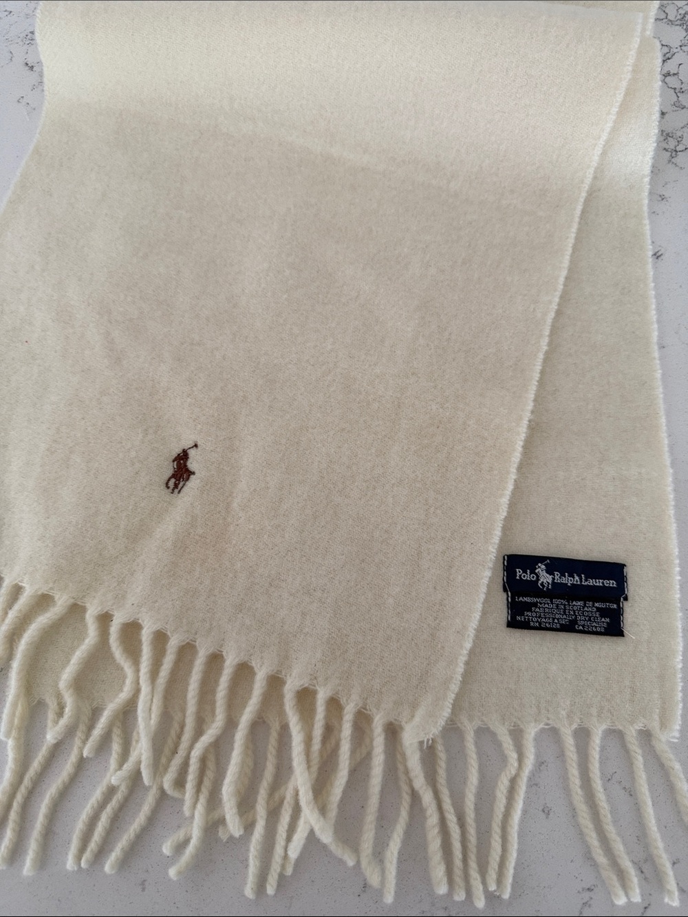 Polo by Ralph Lauren Ivory 100% Lamswool Scotland Fringe Scarf with Pony